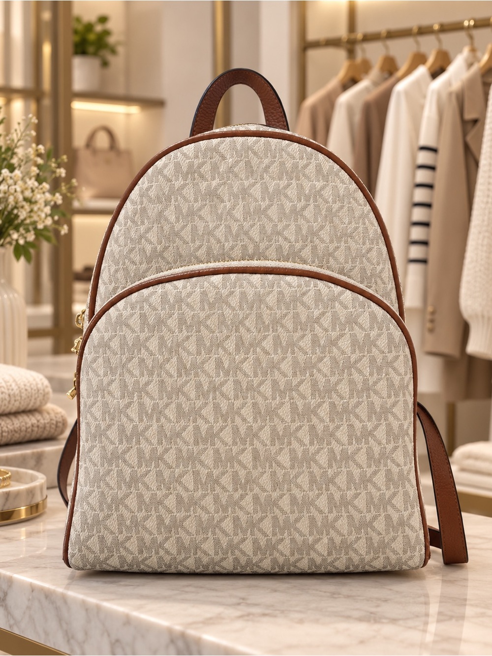 MICHAEL KORS Abbey Beige Logo Backpack with Brown Trim